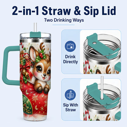 #pl[40oz|Green] Christmas Reindeer 40oz Tumbler with Handle, Watercolor Travel Cup