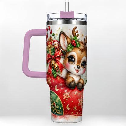 #pl[40oz|Pink] Christmas Reindeer 40oz Tumbler with Handle, Watercolor Travel Cup