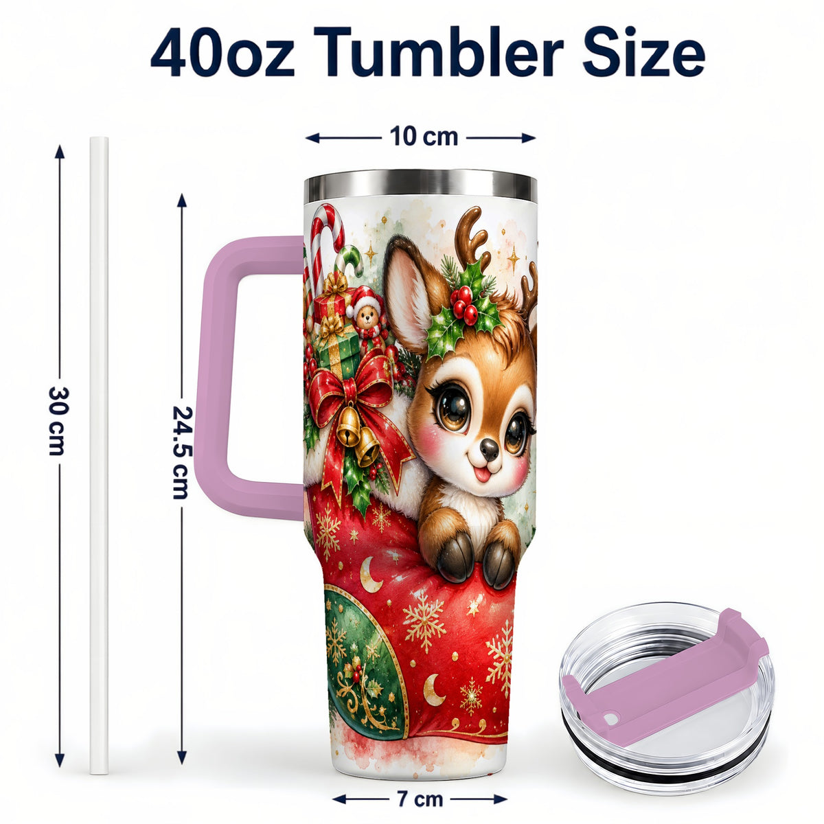 #pl[40oz|Pink] Christmas Reindeer 40oz Tumbler with Handle, Watercolor Travel Cup