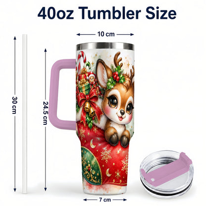 #pl[40oz|Pink] Christmas Reindeer 40oz Tumbler with Handle, Watercolor Travel Cup