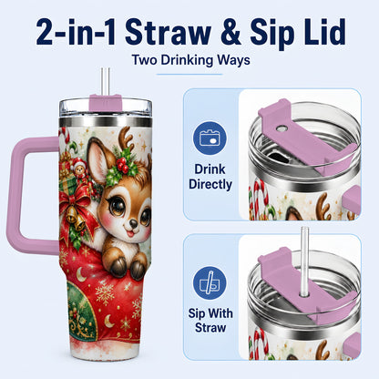 #pl[40oz|Pink] Christmas Reindeer 40oz Tumbler with Handle, Watercolor Travel Cup