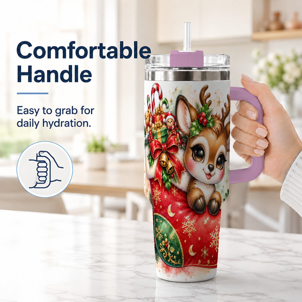 #pl[40oz|Pink] Christmas Reindeer 40oz Tumbler with Handle, Watercolor Travel Cup
