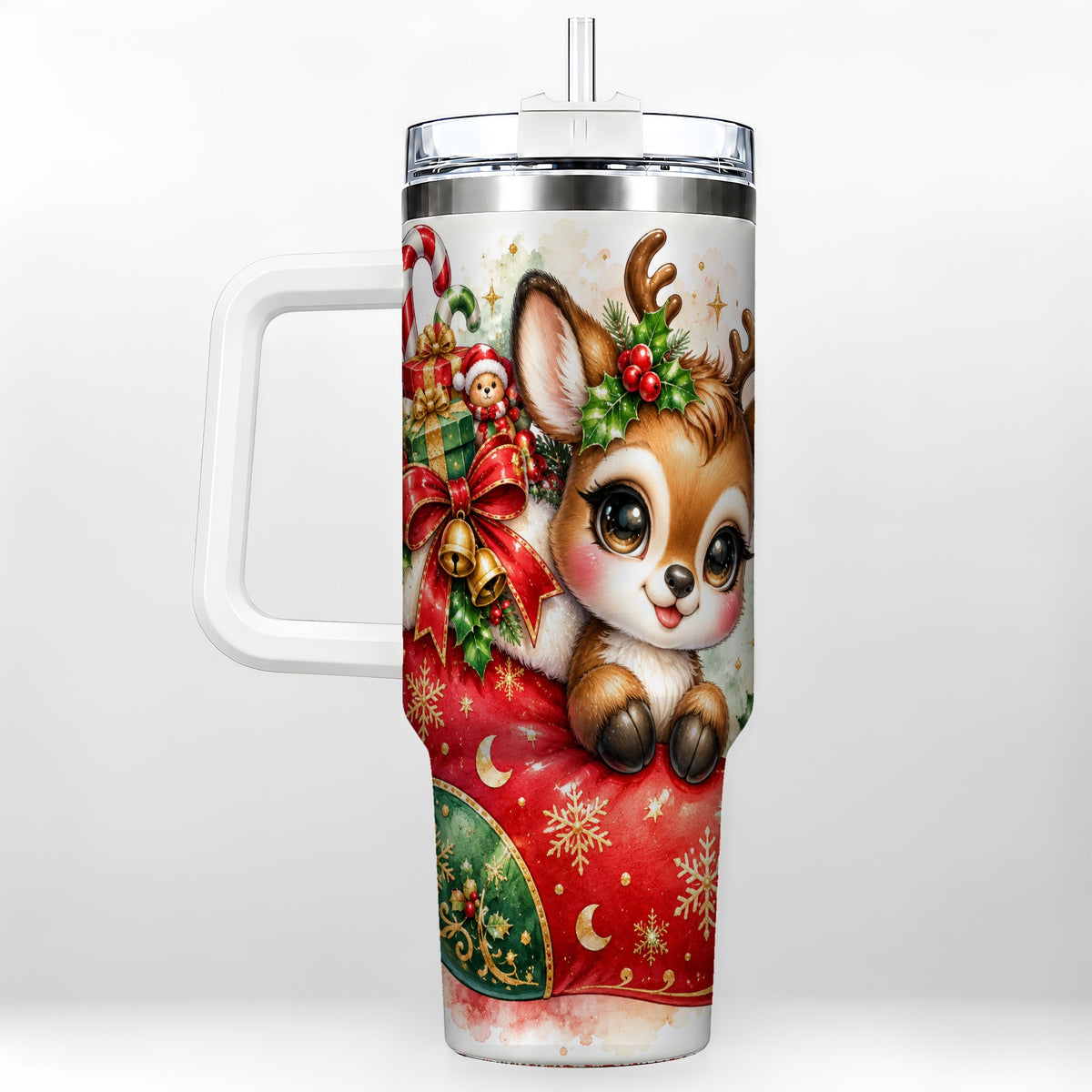 Christmas Reindeer 40oz Tumbler with Handle, Watercolor Travel Cup
