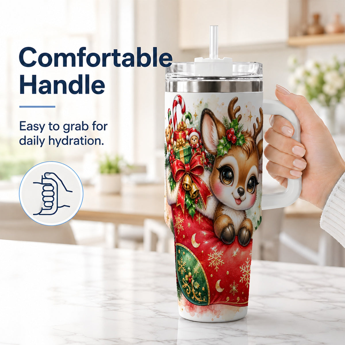 #pl[40oz|White] Christmas Reindeer 40oz Tumbler with Handle, Watercolor Travel Cup