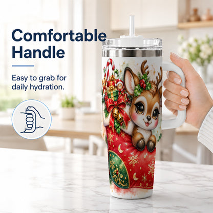 #pl[40oz|White] Christmas Reindeer 40oz Tumbler with Handle, Watercolor Travel Cup