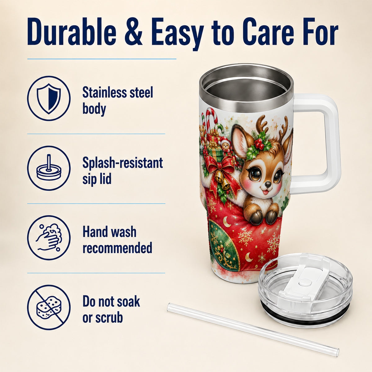 Christmas Reindeer 40oz Tumbler with Handle, Watercolor Travel Cup