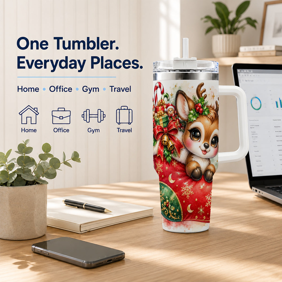 Christmas Reindeer 40oz Tumbler with Handle, Watercolor Travel Cup