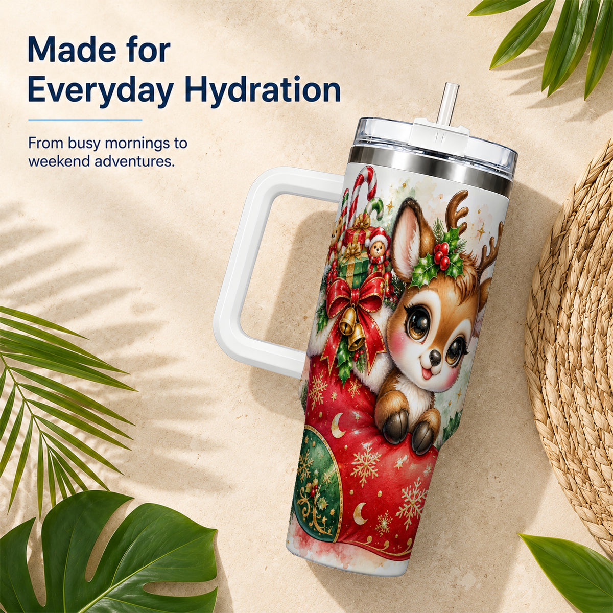 Christmas Reindeer 40oz Tumbler with Handle, Watercolor Travel Cup
