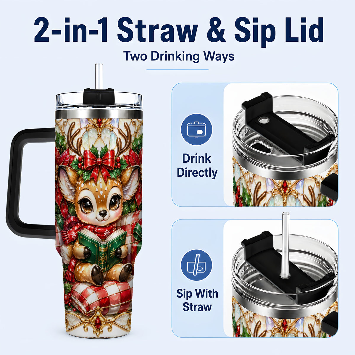#pl[40oz|Black] Christmas Reindeer 40oz Tumbler, Cute Deer Stainless Steel Travel Cup