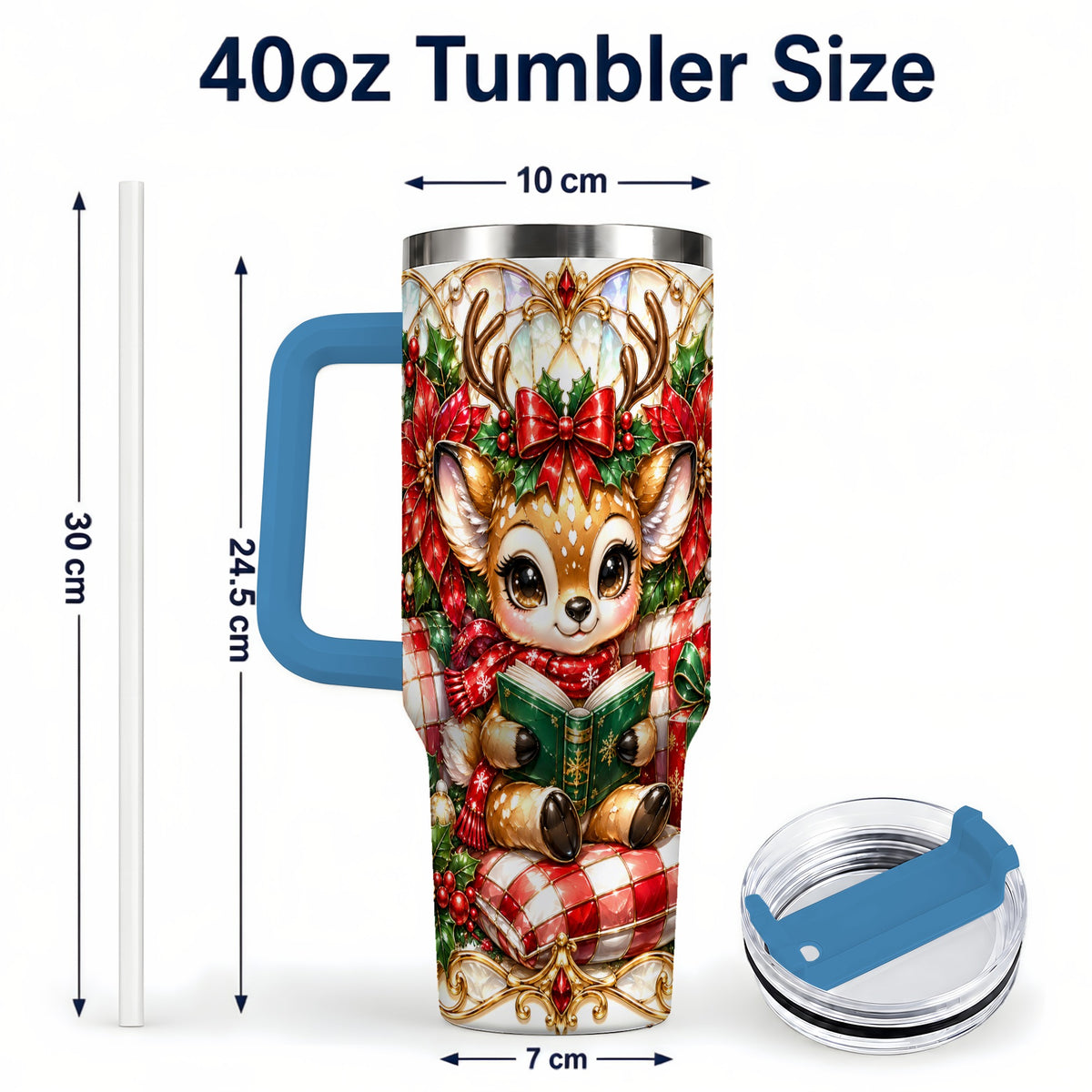 #pl[40oz|Blue] Christmas Reindeer 40oz Tumbler, Cute Deer Stainless Steel Travel Cup