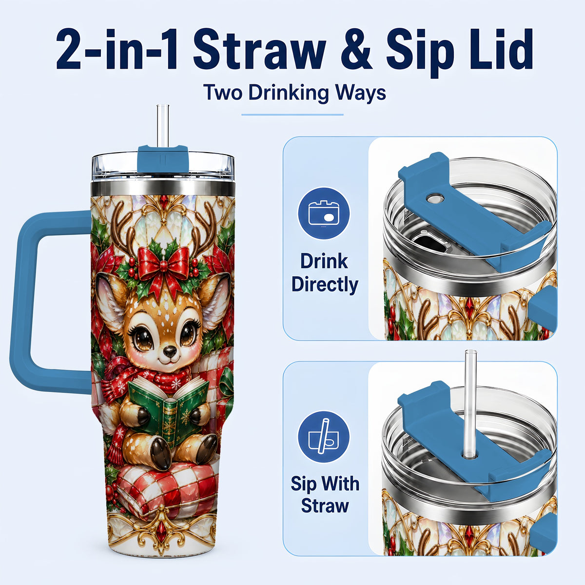 #pl[40oz|Blue] Christmas Reindeer 40oz Tumbler, Cute Deer Stainless Steel Travel Cup