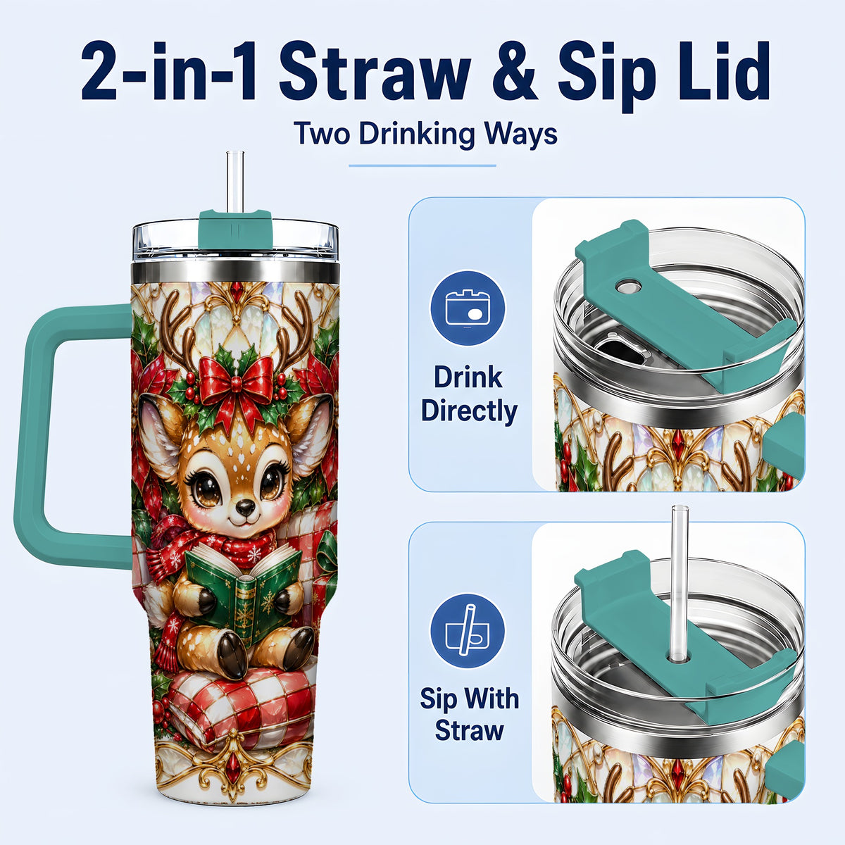 #pl[40oz|Green] Christmas Reindeer 40oz Tumbler, Cute Deer Stainless Steel Travel Cup