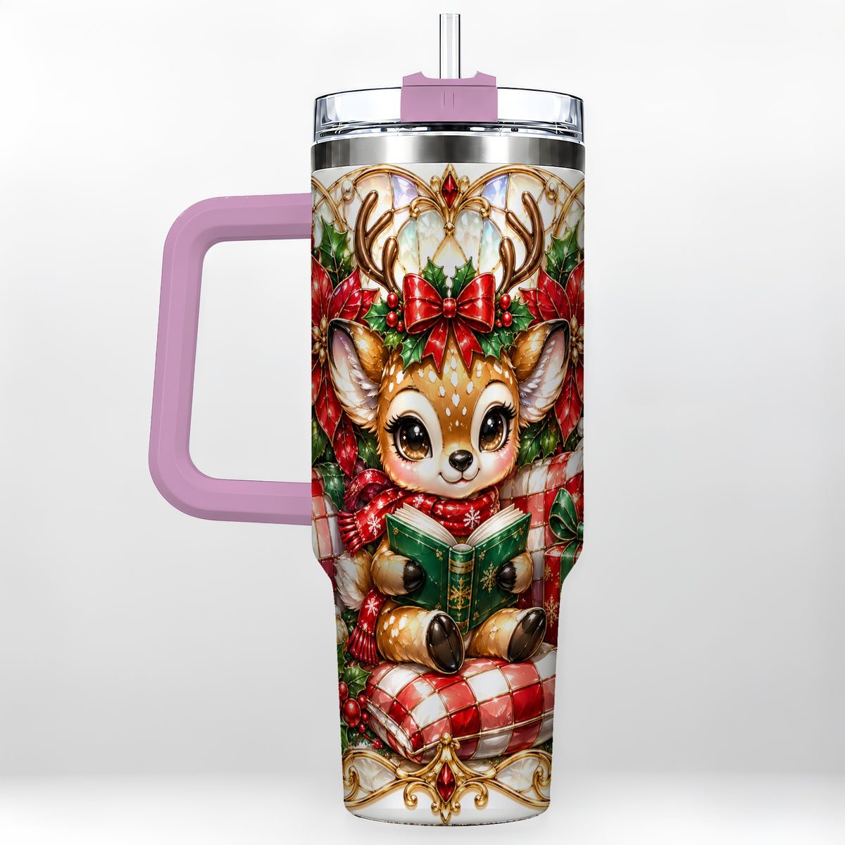 #pl[40oz|Pink] Christmas Reindeer 40oz Tumbler, Cute Deer Stainless Steel Travel Cup