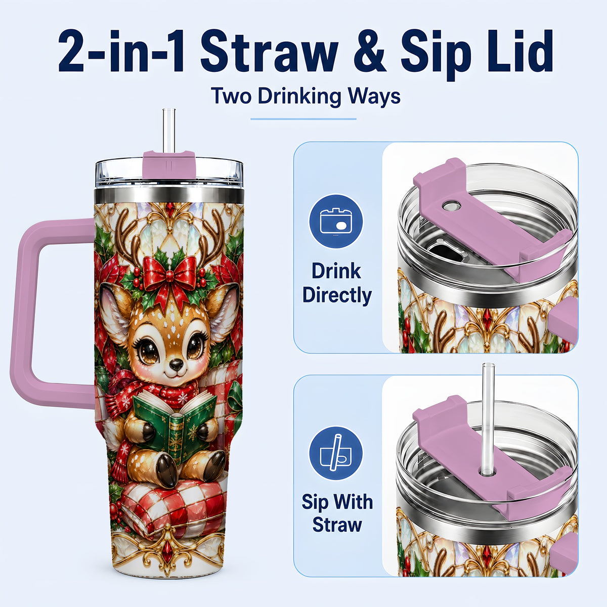 #pl[40oz|Pink] Christmas Reindeer 40oz Tumbler, Cute Deer Stainless Steel Travel Cup