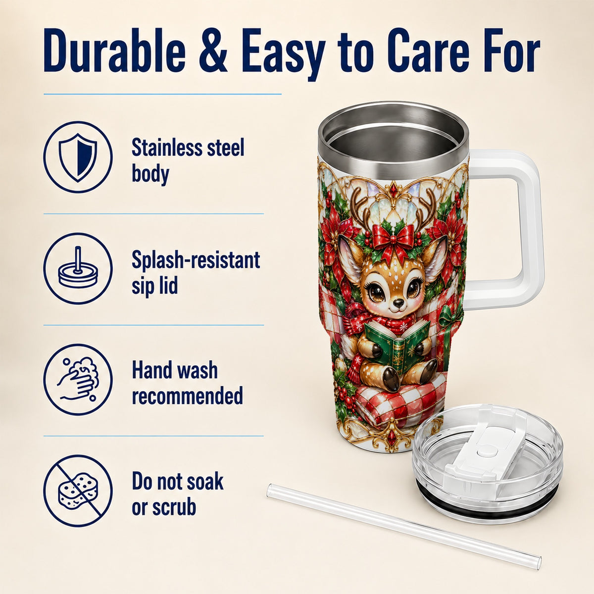 Christmas Reindeer 40oz Tumbler, Cute Deer Stainless Steel Travel Cup