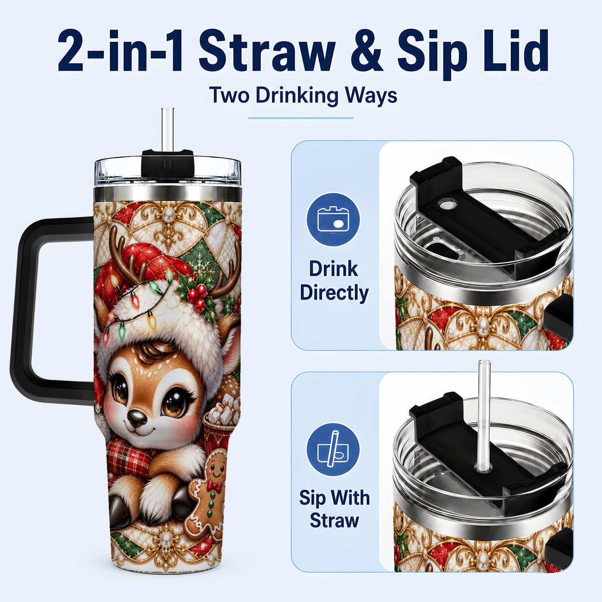 #pl[40oz|Black] Christmas Reindeer 40oz Tumbler, Cocoa Deer Stainless Steel Travel Cup