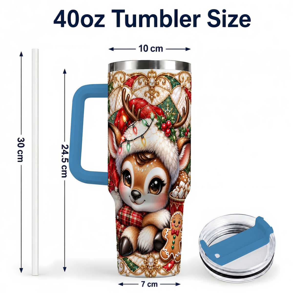 #pl[40oz|Blue] Christmas Reindeer 40oz Tumbler, Cocoa Deer Stainless Steel Travel Cup
