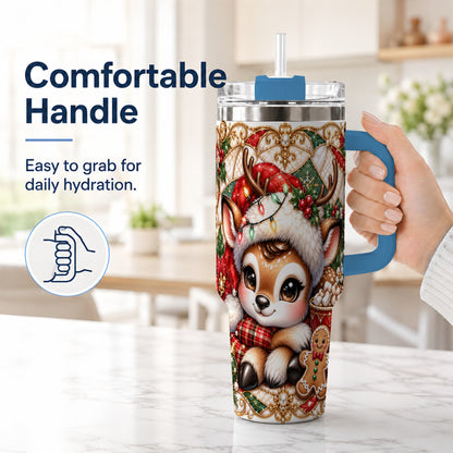 #pl[40oz|Blue] Christmas Reindeer 40oz Tumbler, Cocoa Deer Stainless Steel Travel Cup