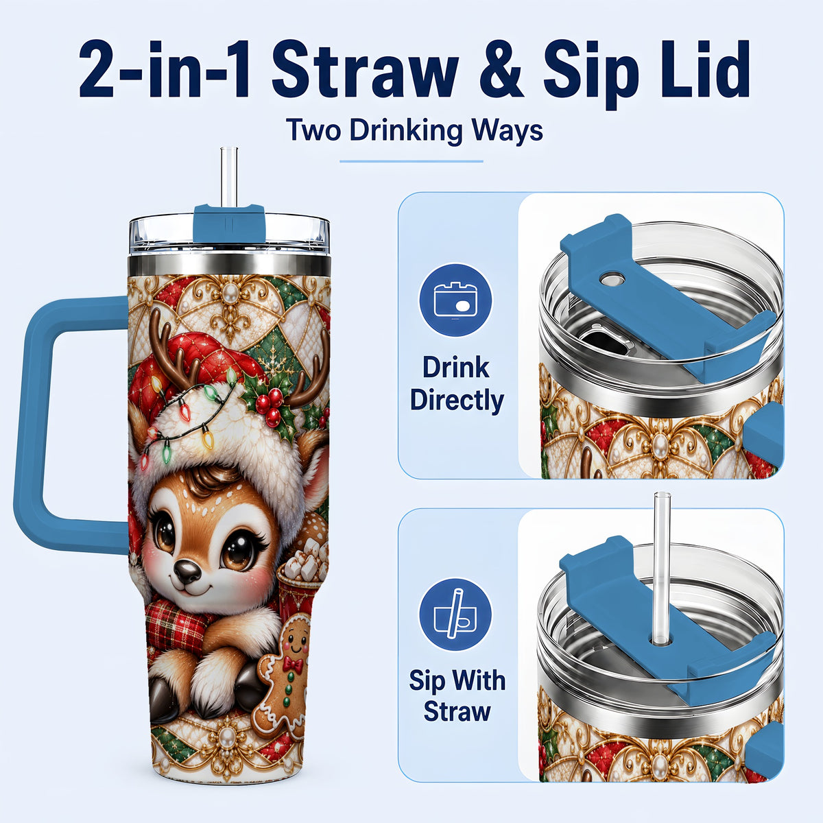#pl[40oz|Blue] Christmas Reindeer 40oz Tumbler, Cocoa Deer Stainless Steel Travel Cup