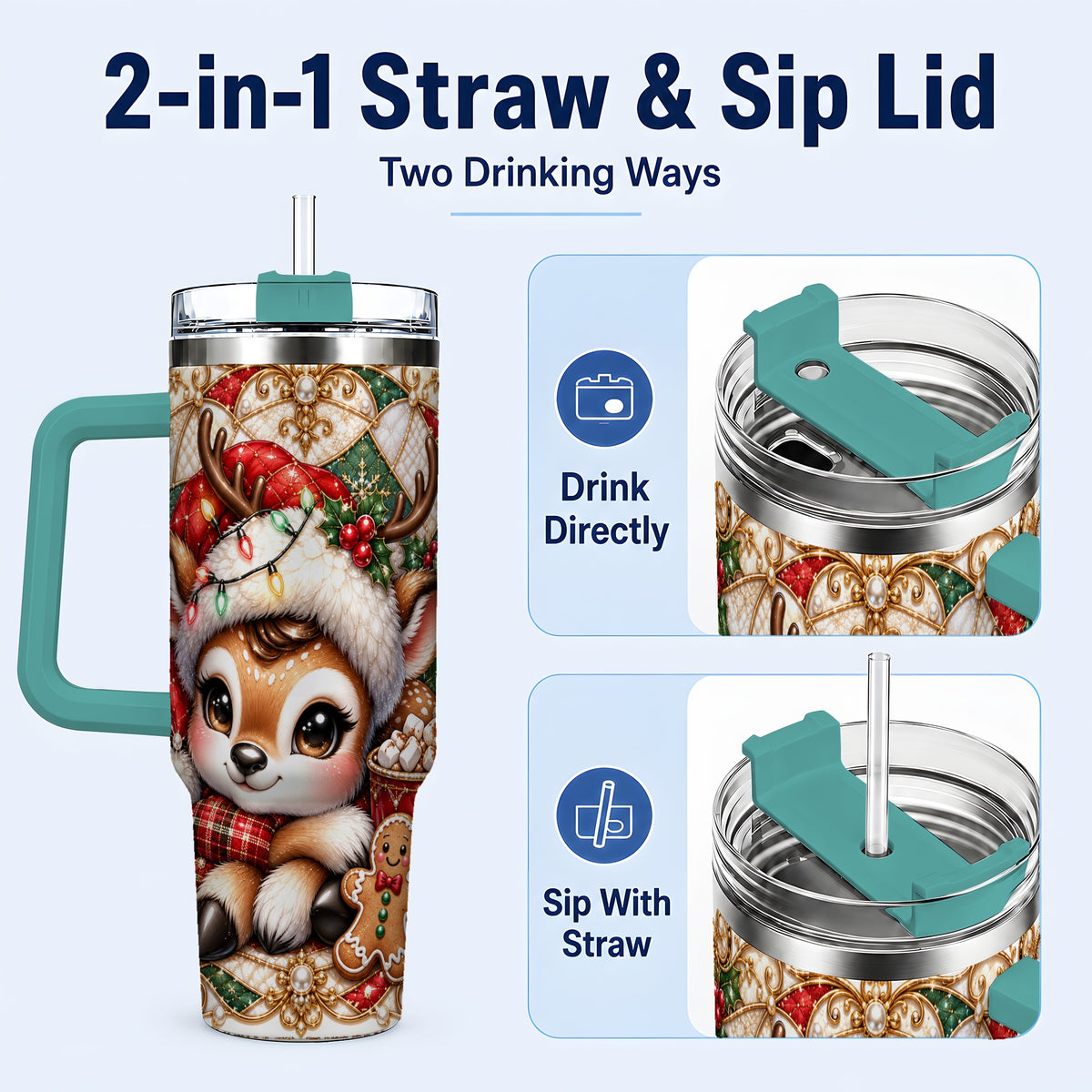 #pl[40oz|Green] Christmas Reindeer 40oz Tumbler, Cocoa Deer Stainless Steel Travel Cup