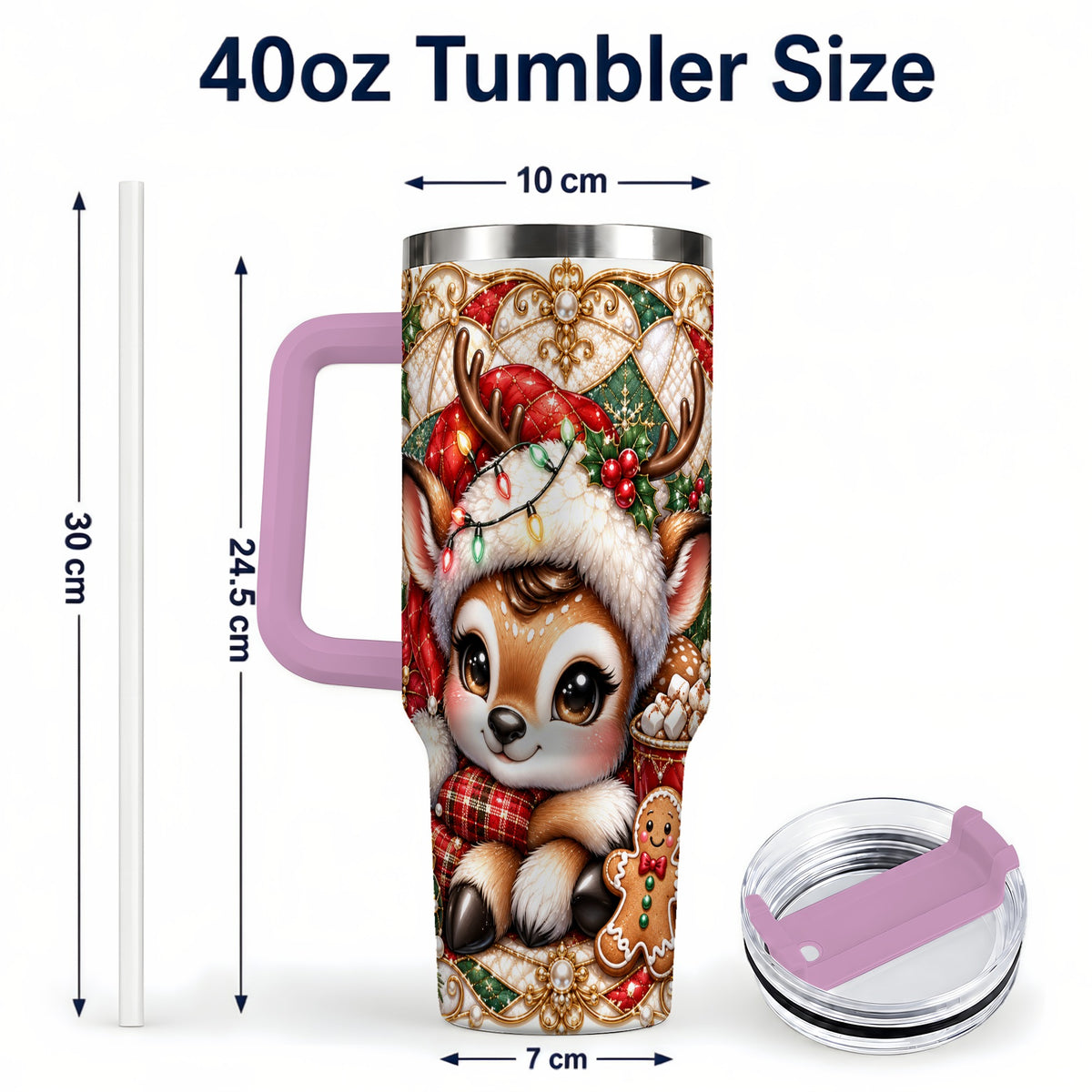 #pl[40oz|Pink] Christmas Reindeer 40oz Tumbler, Cocoa Deer Stainless Steel Travel Cup