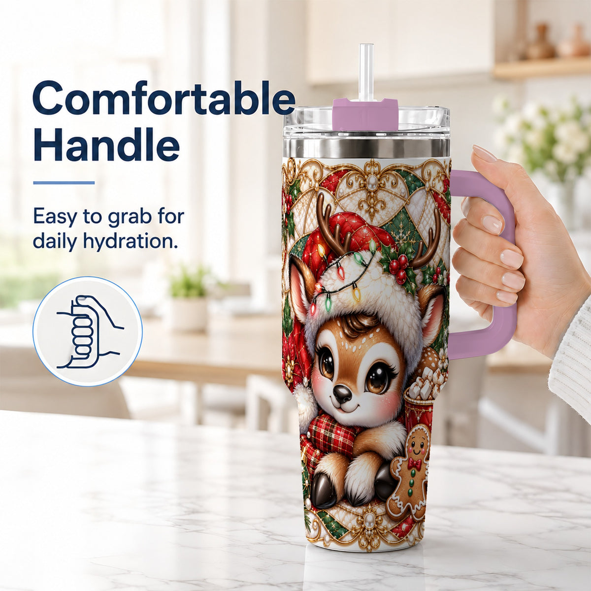#pl[40oz|Pink] Christmas Reindeer 40oz Tumbler, Cocoa Deer Stainless Steel Travel Cup