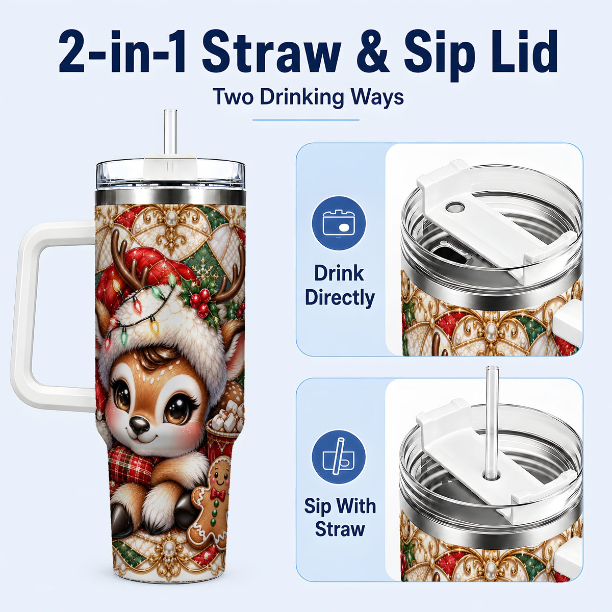#pl[40oz|White] Christmas Reindeer 40oz Tumbler, Cocoa Deer Stainless Steel Travel Cup