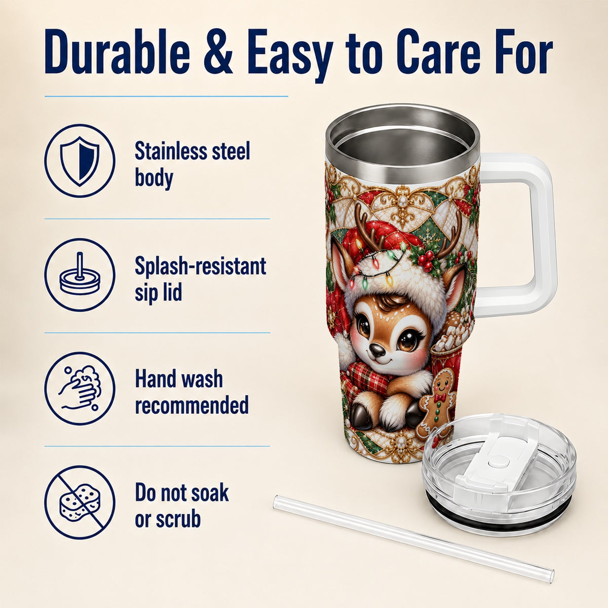 Christmas Reindeer 40oz Tumbler, Cocoa Deer Stainless Steel Travel Cup