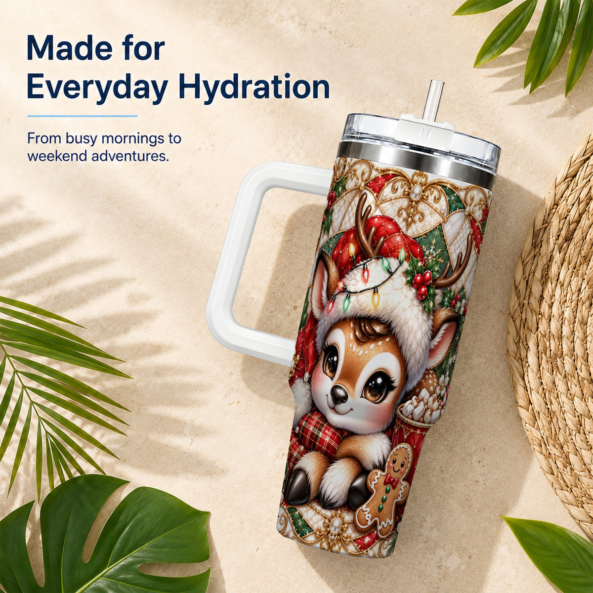 Christmas Reindeer 40oz Tumbler, Cocoa Deer Stainless Steel Travel Cup