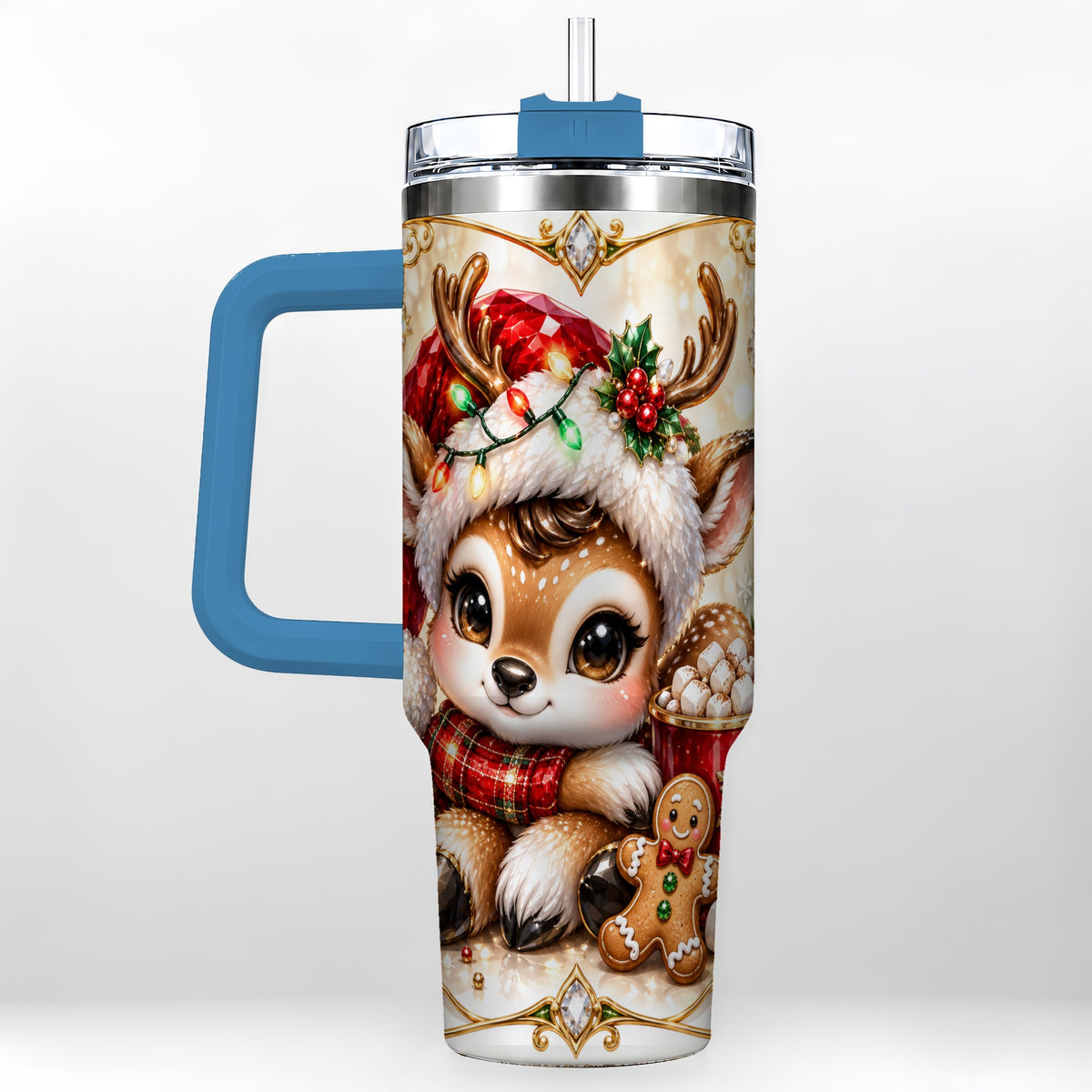 #pl[40oz|Blue] Christmas Reindeer 40oz Tumbler, Festive Deer Stainless Steel Travel Cup