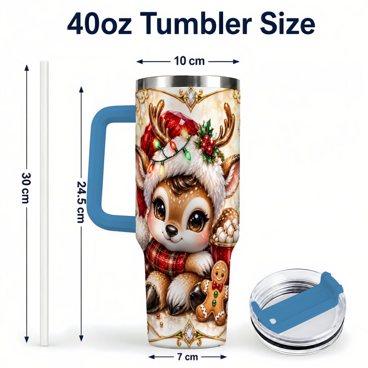 #pl[40oz|Blue] Christmas Reindeer 40oz Tumbler, Festive Deer Stainless Steel Travel Cup
