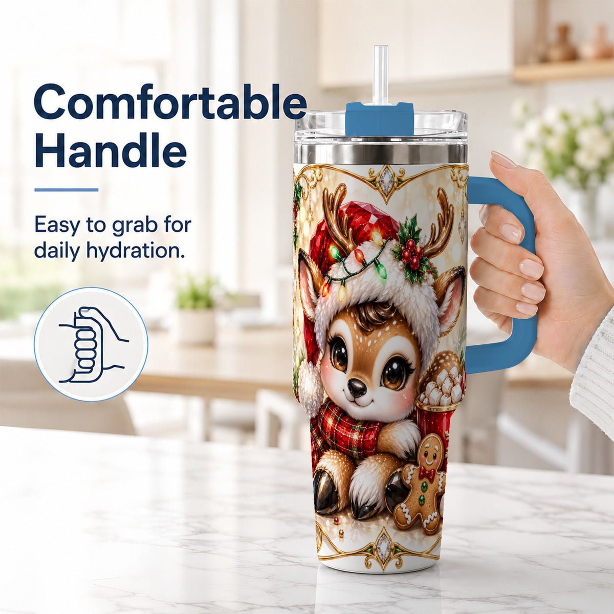 #pl[40oz|Blue] Christmas Reindeer 40oz Tumbler, Festive Deer Stainless Steel Travel Cup