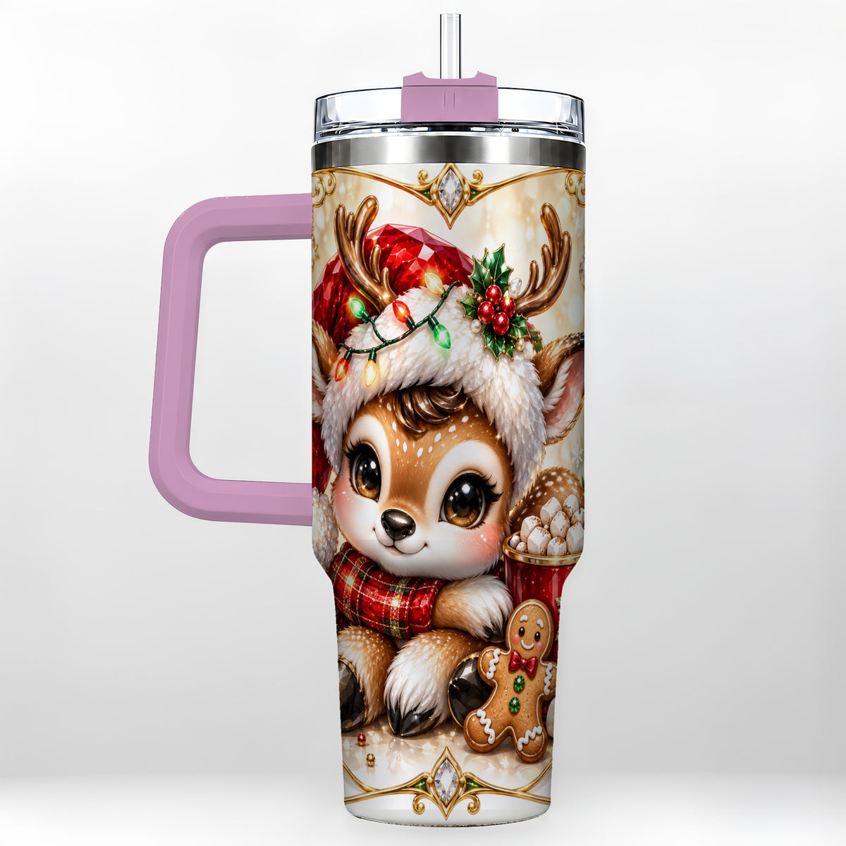 #pl[40oz|Pink] Christmas Reindeer 40oz Tumbler, Festive Deer Stainless Steel Travel Cup