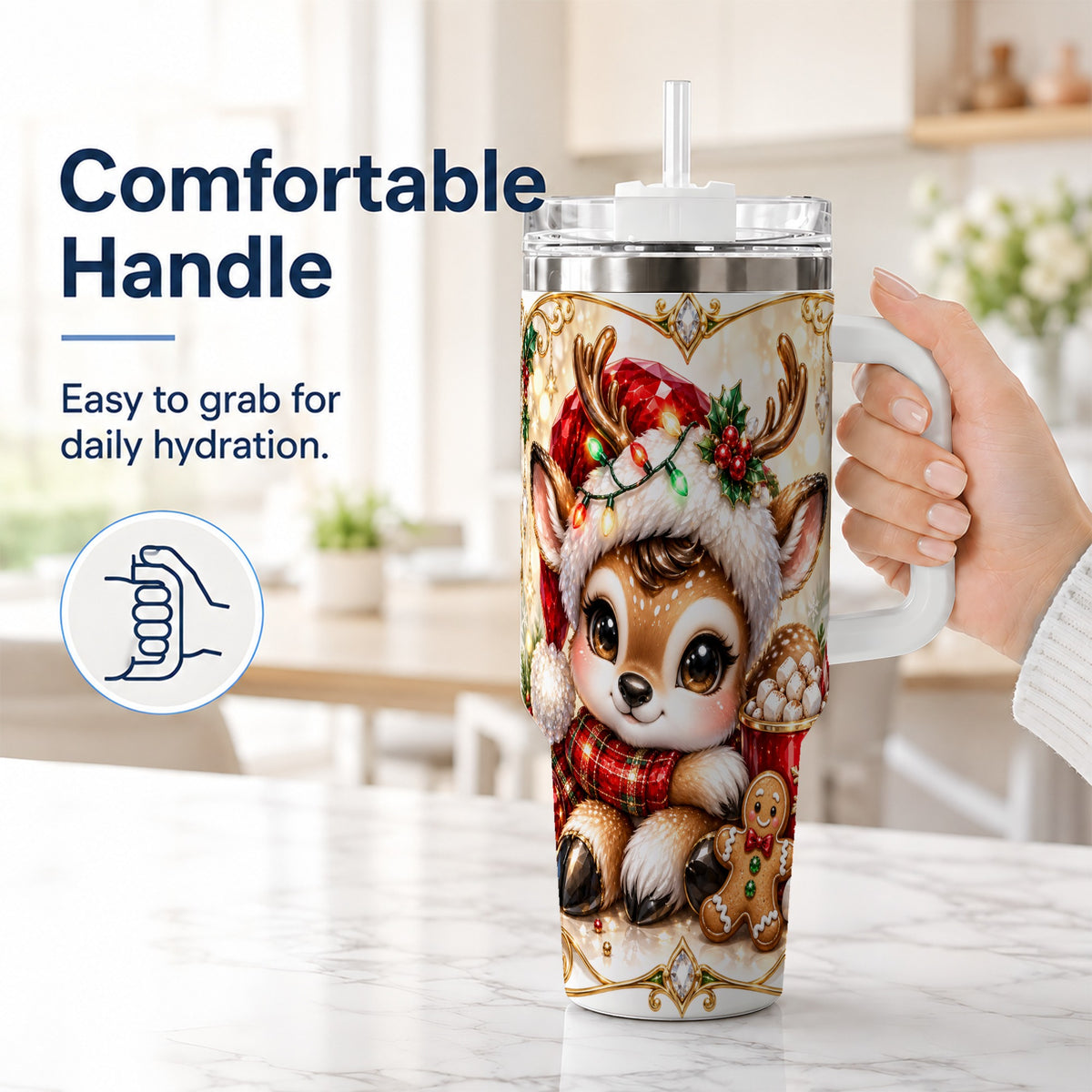 #pl[40oz|White] Christmas Reindeer 40oz Tumbler, Festive Deer Stainless Steel Travel Cup
