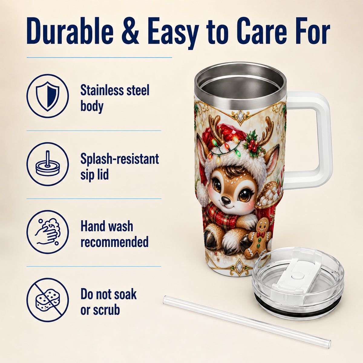 Christmas Reindeer 40oz Tumbler, Festive Deer Stainless Steel Travel Cup