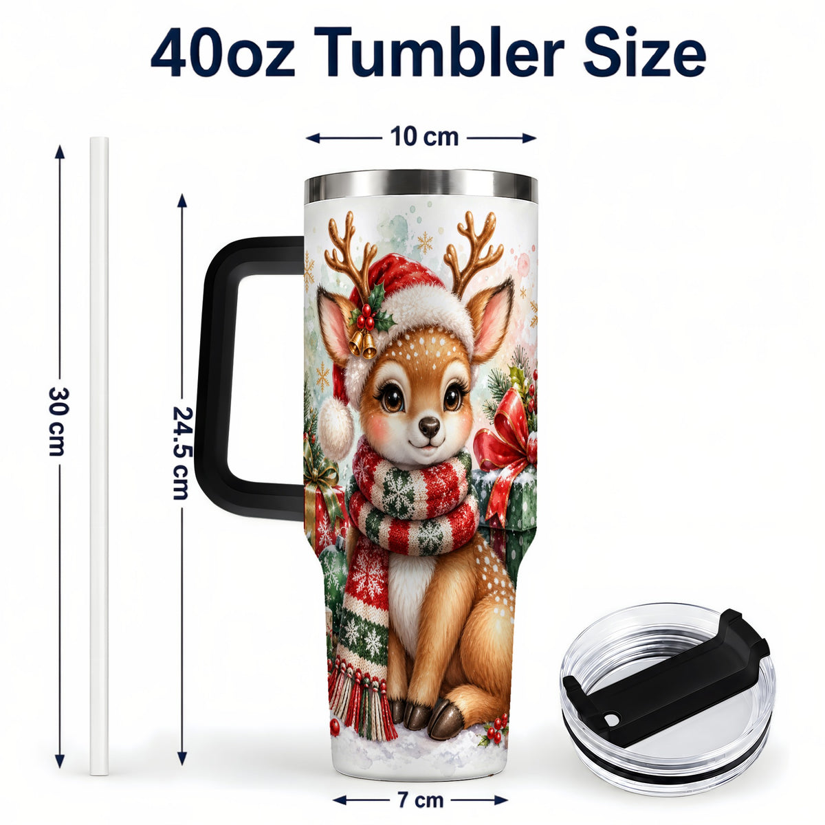 #pl[40oz|Black] Watercolor Reindeer 40oz Tumbler, Holiday Deer Stainless Steel Travel Cup