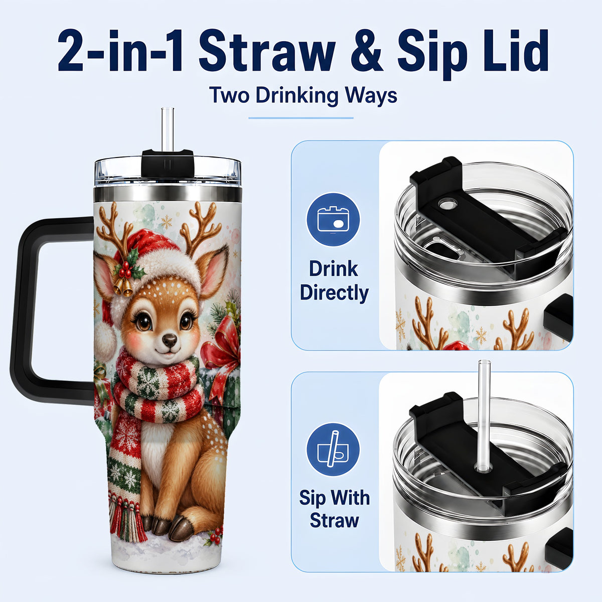 #pl[40oz|Black] Watercolor Reindeer 40oz Tumbler, Holiday Deer Stainless Steel Travel Cup