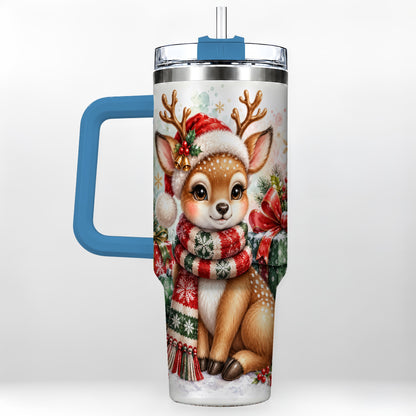 #pl[40oz|Blue] Watercolor Reindeer 40oz Tumbler, Holiday Deer Stainless Steel Travel Cup
