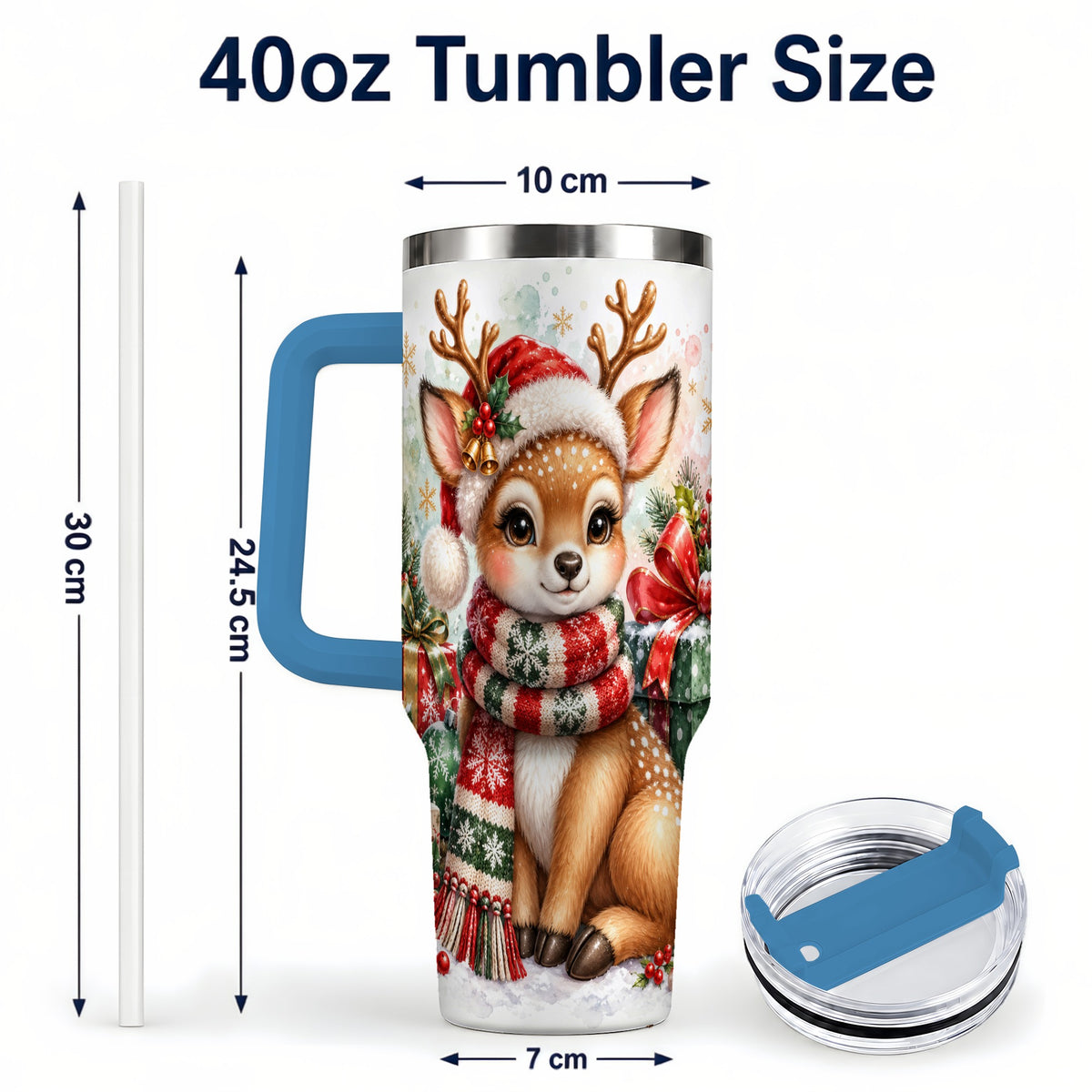 #pl[40oz|Blue] Watercolor Reindeer 40oz Tumbler, Holiday Deer Stainless Steel Travel Cup