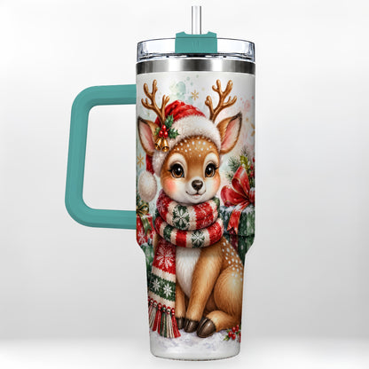 #pl[40oz|Green] Watercolor Reindeer 40oz Tumbler, Holiday Deer Stainless Steel Travel Cup