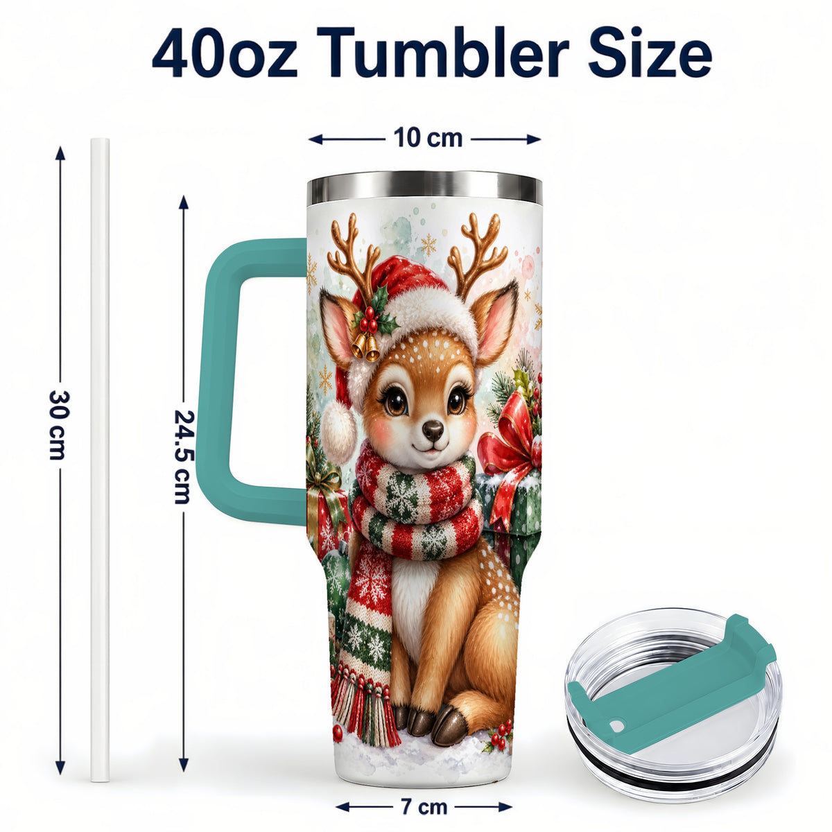 #pl[40oz|Green] Watercolor Reindeer 40oz Tumbler, Holiday Deer Stainless Steel Travel Cup