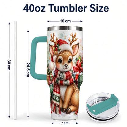#pl[40oz|Green] Watercolor Reindeer 40oz Tumbler, Holiday Deer Stainless Steel Travel Cup