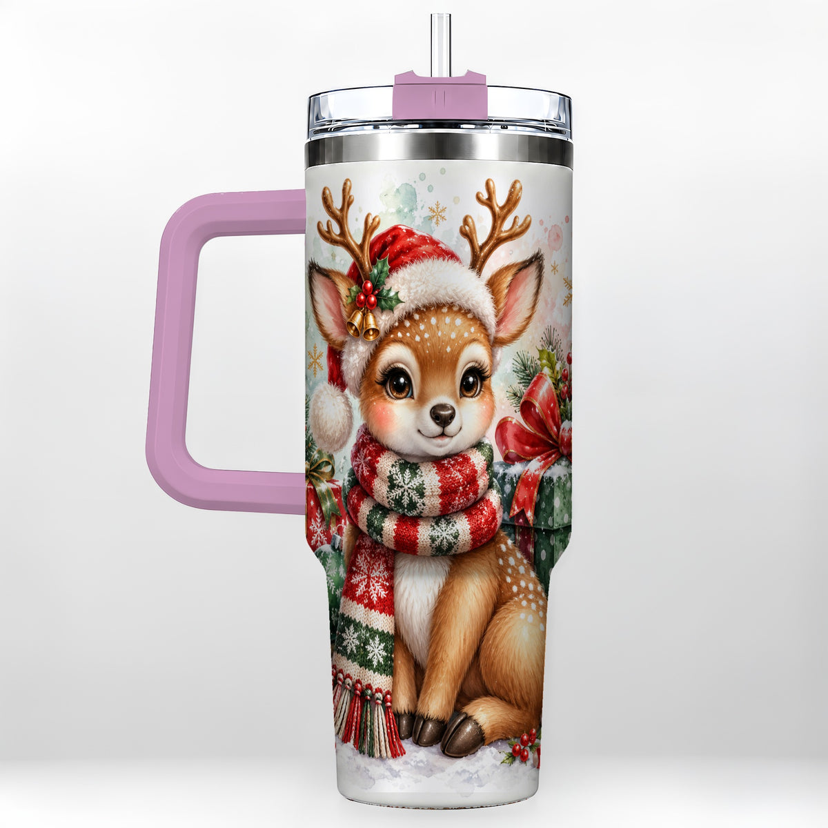#pl[40oz|Pink] Watercolor Reindeer 40oz Tumbler, Holiday Deer Stainless Steel Travel Cup