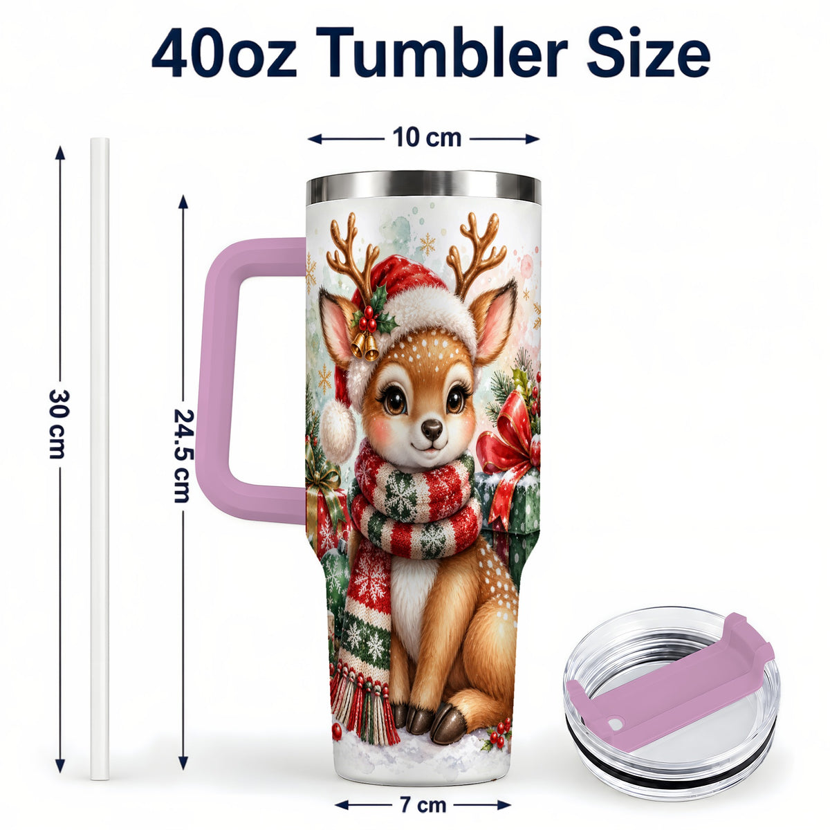 #pl[40oz|Pink] Watercolor Reindeer 40oz Tumbler, Holiday Deer Stainless Steel Travel Cup