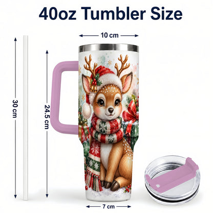 #pl[40oz|Pink] Watercolor Reindeer 40oz Tumbler, Holiday Deer Stainless Steel Travel Cup
