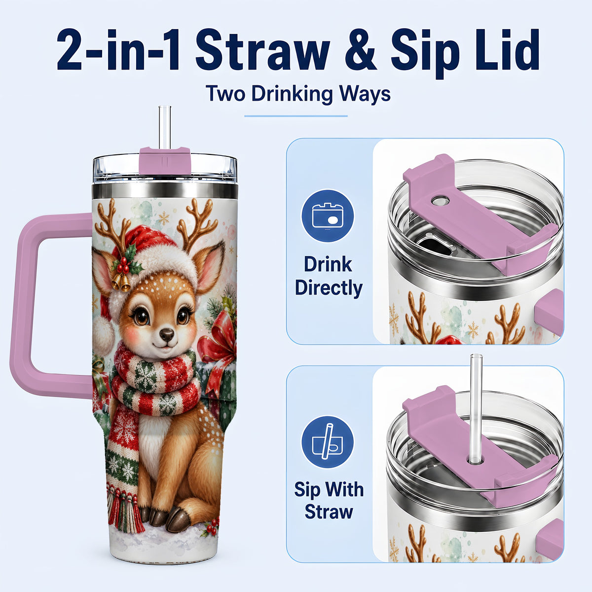 #pl[40oz|Pink] Watercolor Reindeer 40oz Tumbler, Holiday Deer Stainless Steel Travel Cup
