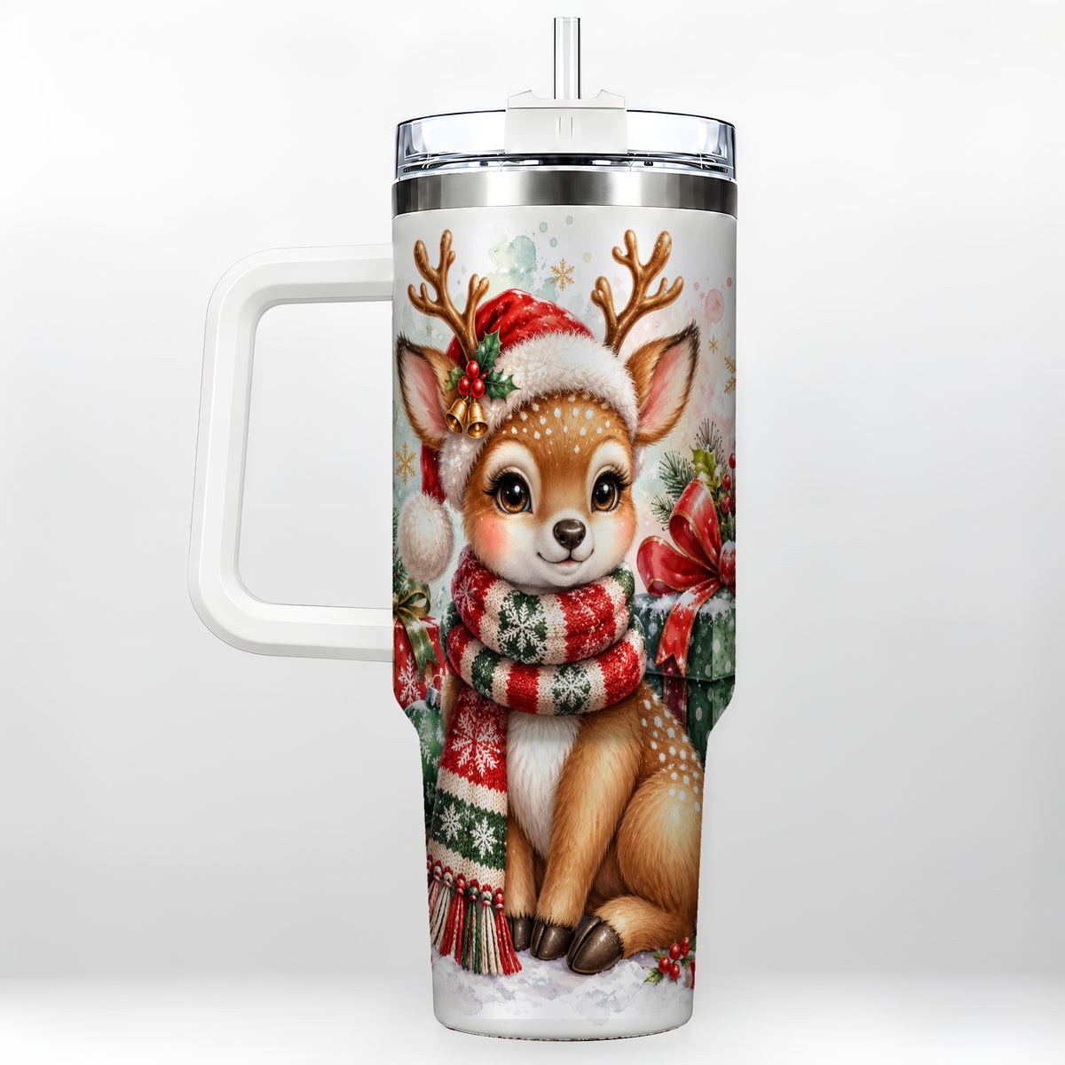 Watercolor Reindeer 40oz Tumbler, Holiday Deer Stainless Steel Travel Cup