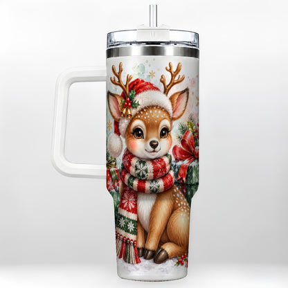 Watercolor Reindeer 40oz Tumbler, Holiday Deer Stainless Steel Travel Cup