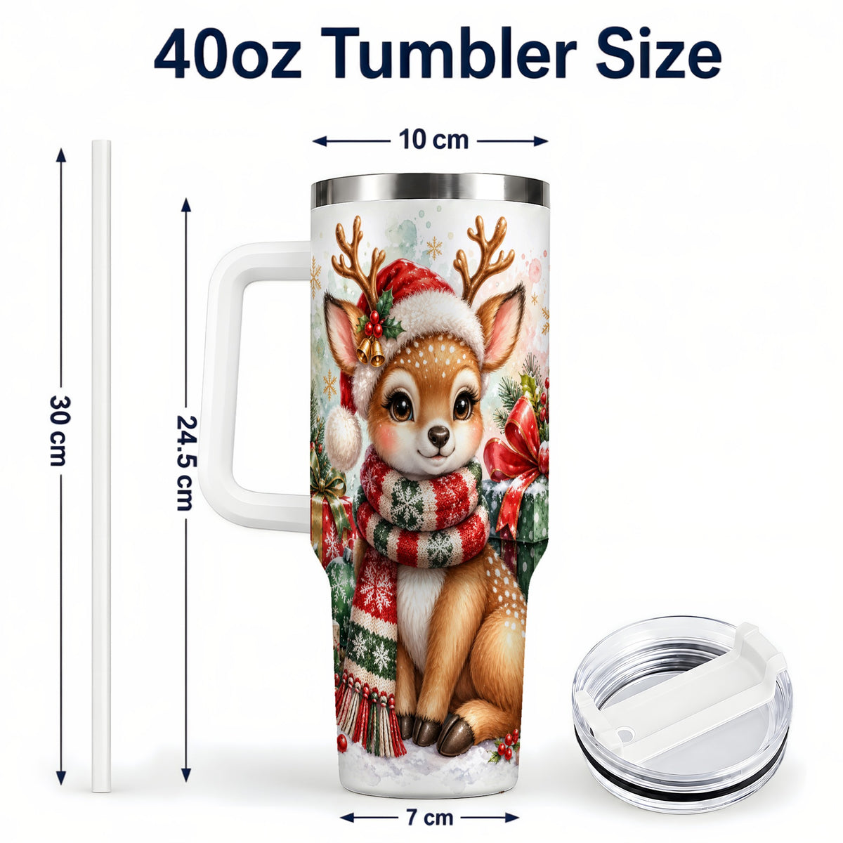 #pl[40oz|White] Watercolor Reindeer 40oz Tumbler, Holiday Deer Stainless Steel Travel Cup