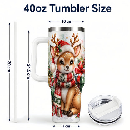 #pl[40oz|White] Watercolor Reindeer 40oz Tumbler, Holiday Deer Stainless Steel Travel Cup